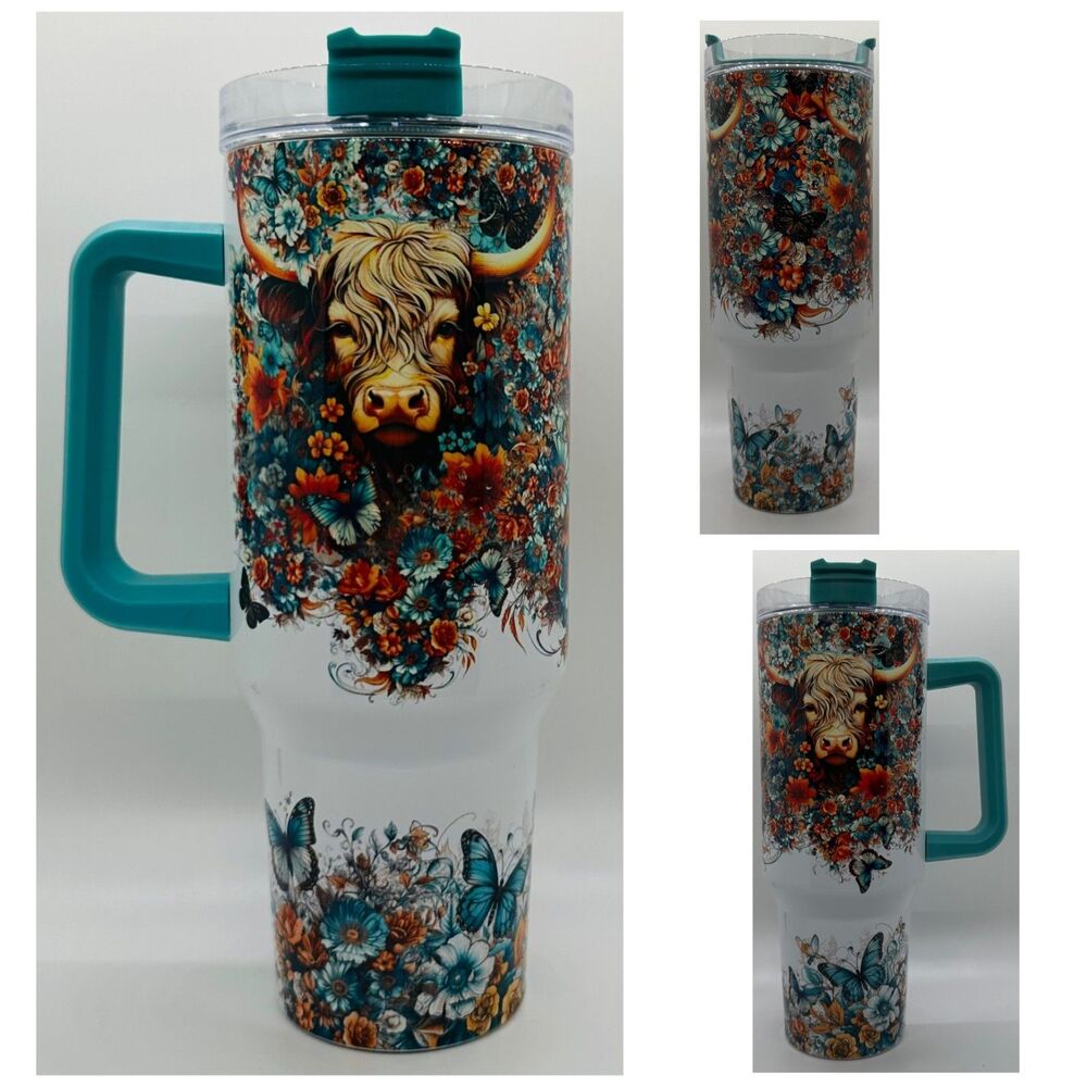 "Highland Cow" NEW 40 oz. Stainless Steel Tumbler w/Handle & Straw